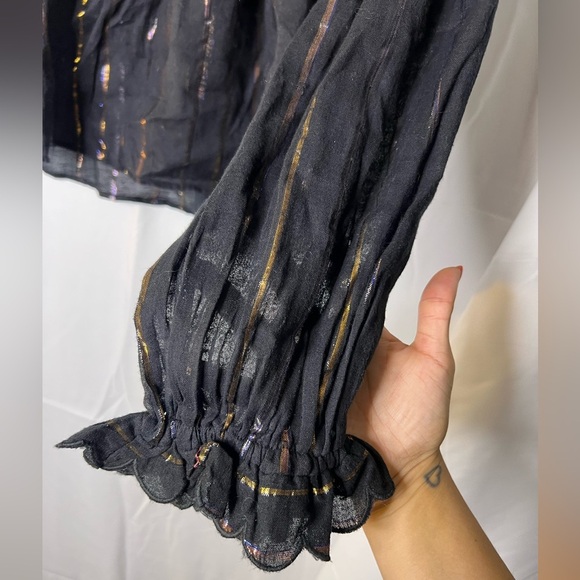 FARM RIO Metallic Stripe Ruffle Shirt In Black - Picture 4 of 8